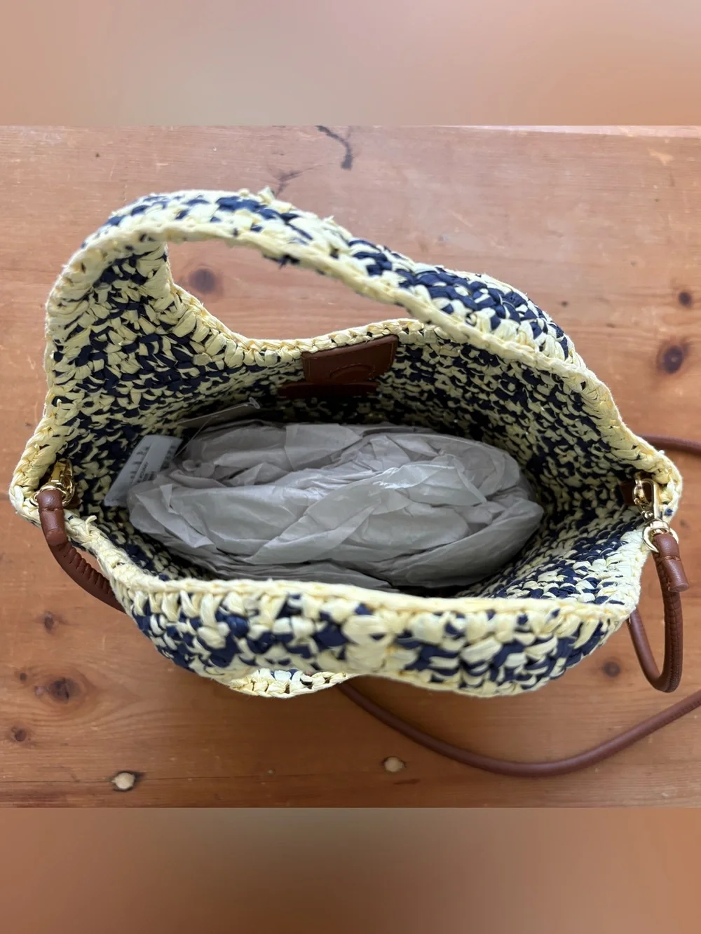 NWT, J Crew Small Handwoven Tote, Yellow & Navy Marled Straw, Leather Trim
